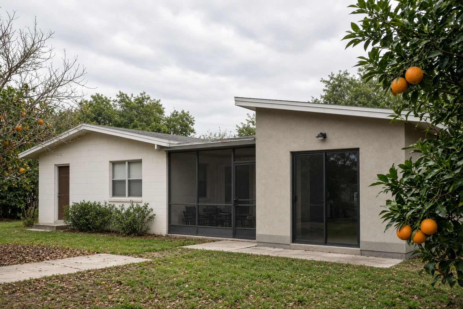 A low Florida home with a screened connection between old and new volumes