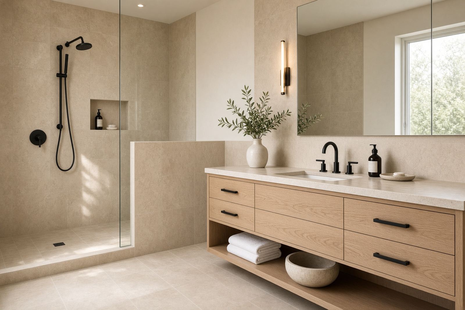 A renovated bathroom with warm tile and a walk-in shower