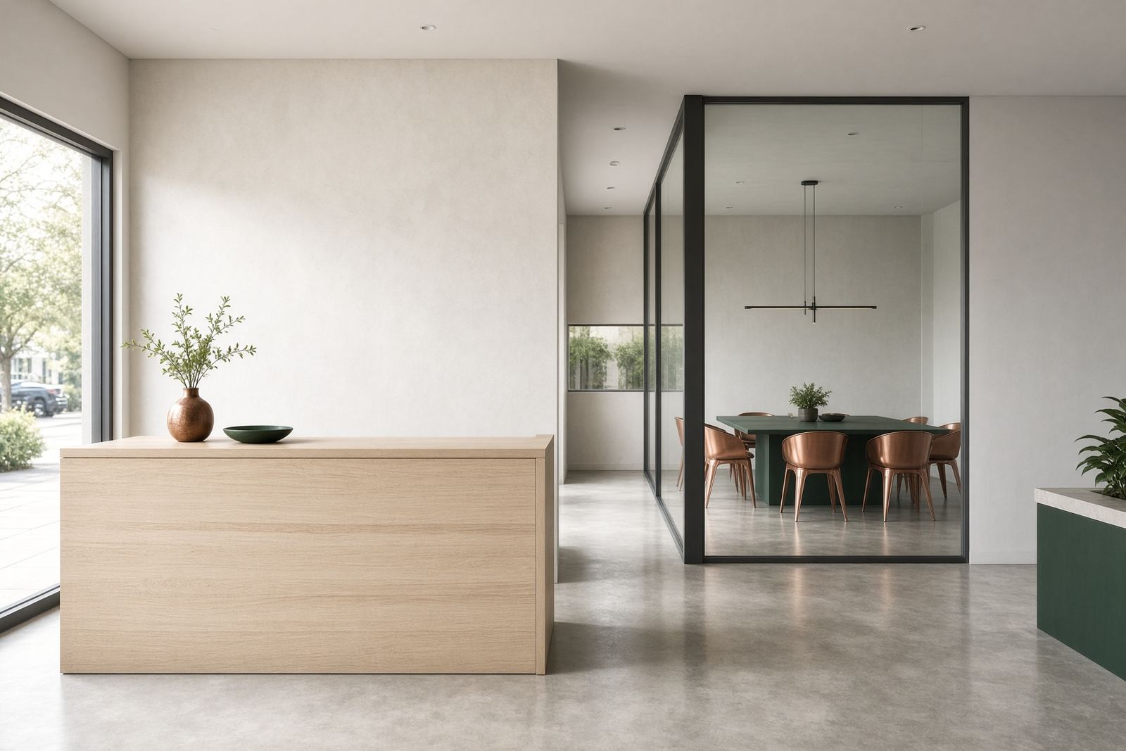 A quiet commercial reception with white oak, plaster, and polished concrete