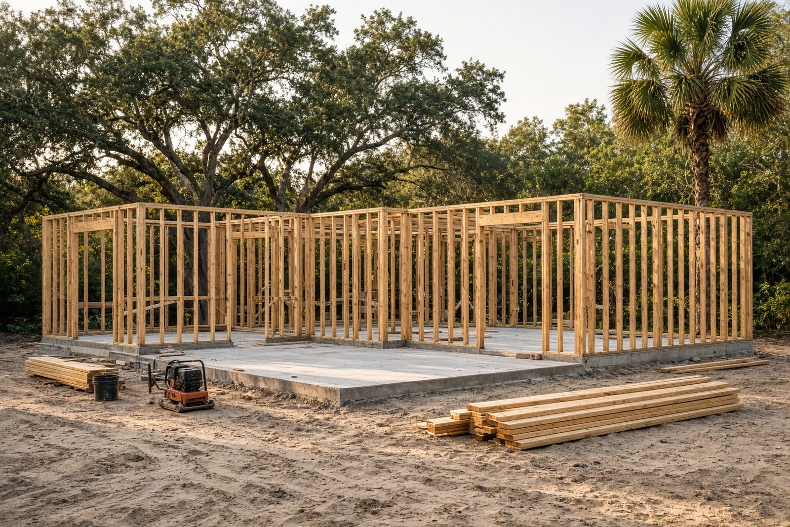 Wood framing of a custom home in late light