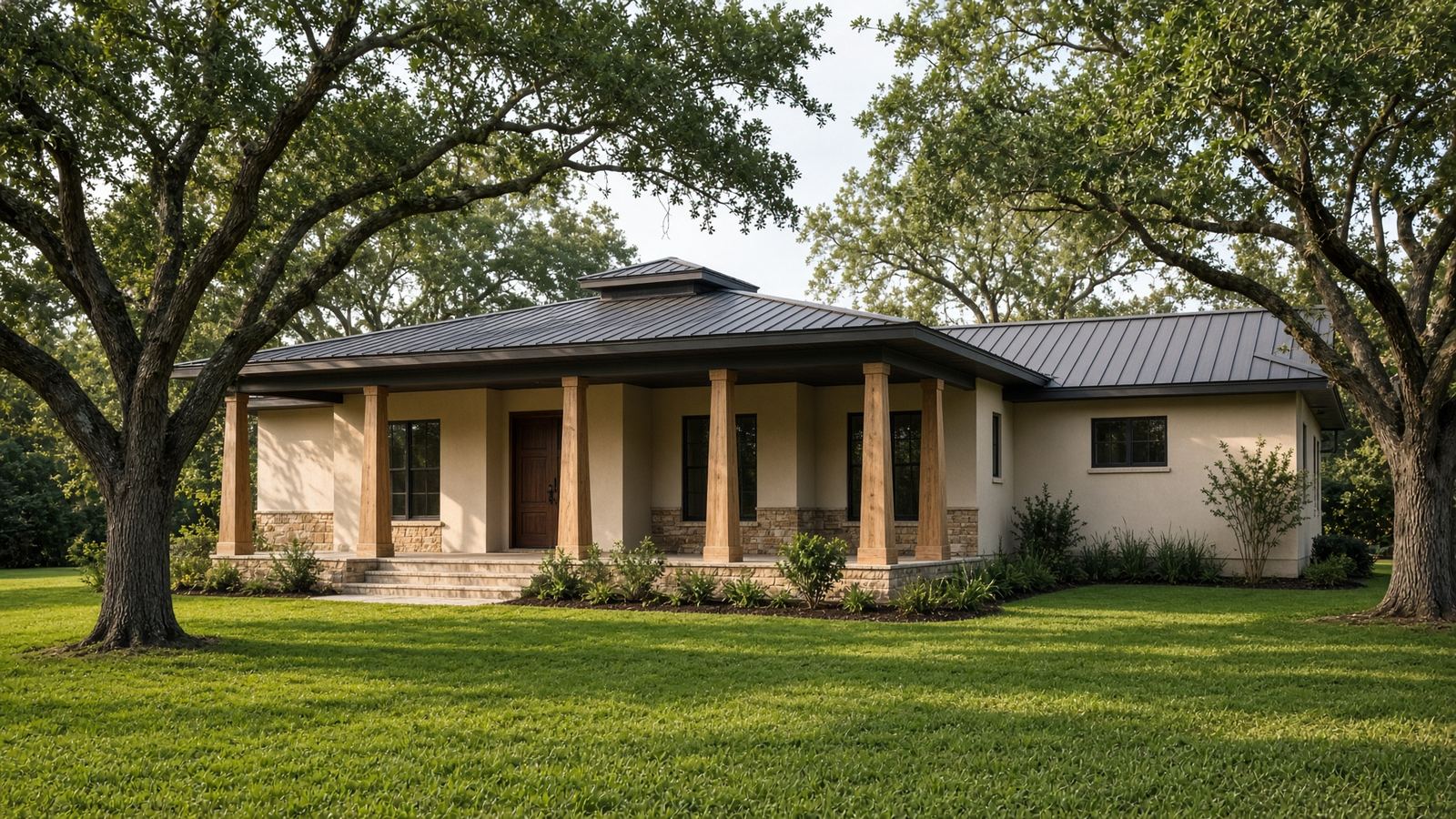 A Florida custom home with a deep porch and metal roof under live oaks