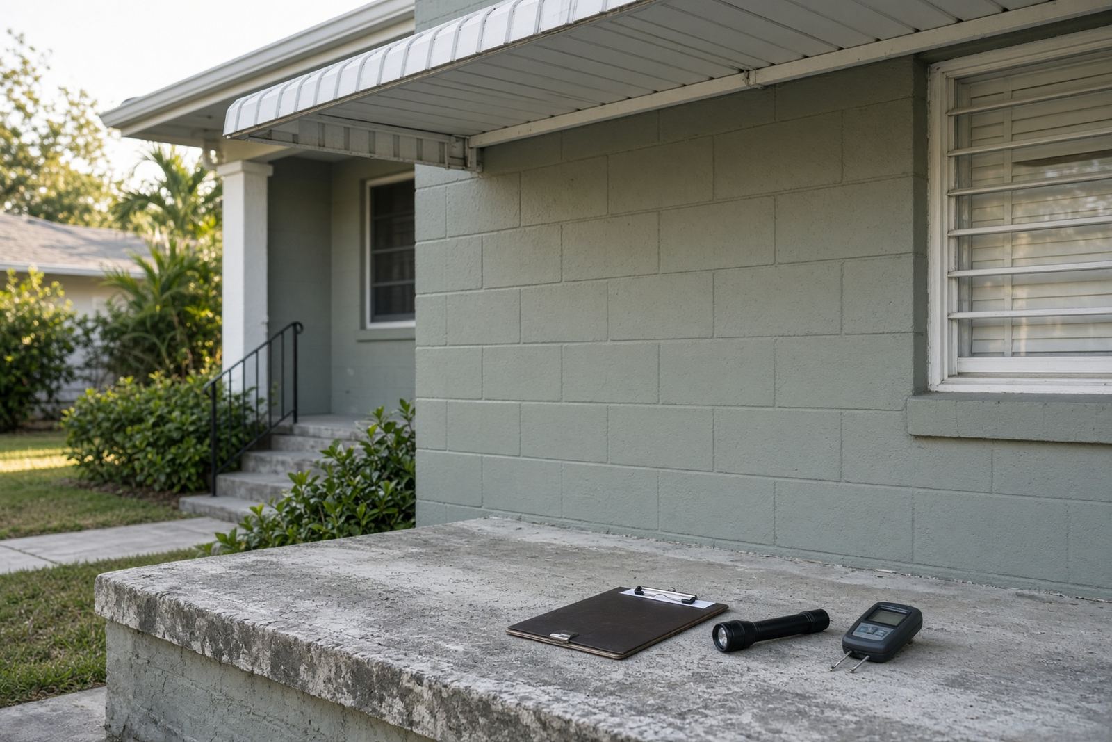 A clipboard and moisture meter on the front step of a Florida ranch house