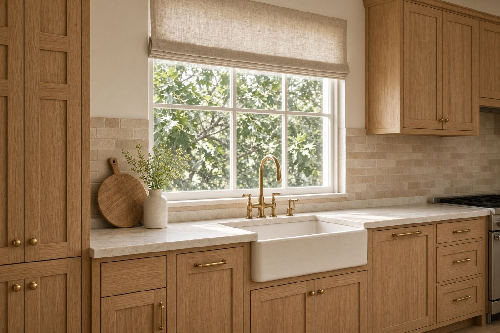 A remodeled kitchen with white oak cabinets and a stone counter in morning light