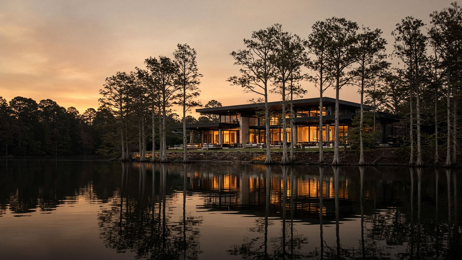Lakefront home at dusk in a Florida cypress landscape